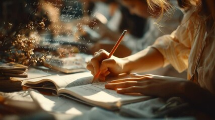 Focused Study Session: Hands diligently writing in a notebook, bathed in warm sunlight streaming through a window.  A captivating image of focused concentration and academic pursuit. - Powered by Adobe