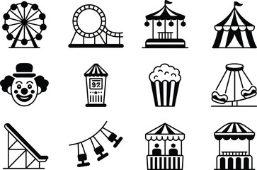 Amusement Park Ride Icons Ferris Wheel Roller Coaster Carousel Clown