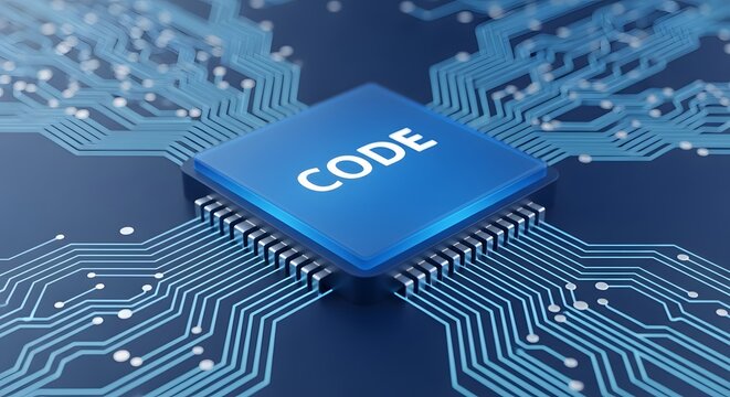 A blue microchip displaying the word "CODE" sits at the center of a complex circuit board.