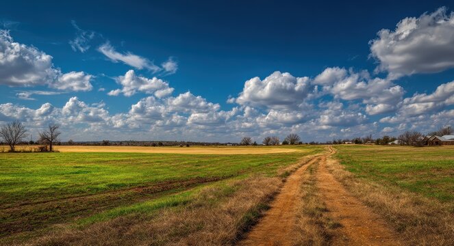 Oklahoma Country Landscape. Sunny Spring Day in American Countryside with Green Fields under Blue Sky