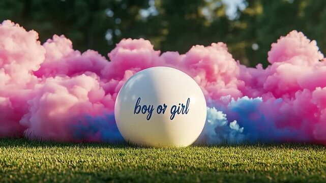 A playful gender reveal ball amidst pink and blue smoke on grass.
