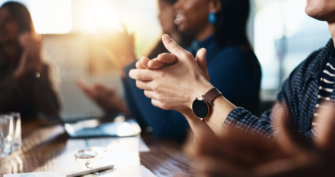 Hands, business and people applause in office for good news, success and company achievement. Person, clapping and employees meeting for team celebration, target victory and announcement of promotion