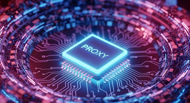 Glowing blue "PROXY" text on a central computer chip with intricate circuit board patterns and a circular design. - Powered by Adobe