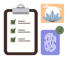 Clipboard with checkmarks, fingerprint for security, lotus representing calmness. Ideal for productivity, planning, wellness, security, organization self-care and simplicity. Clean simple flat