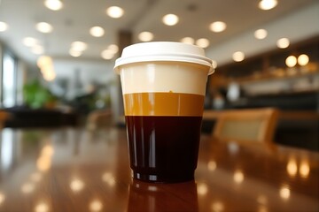 Layered Coffee Drink in Plastic Cup on Table: Creamy Coffee Beverage in Cafe Setting, Close-up Food Photography