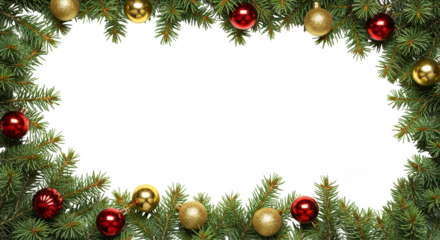 Festive Christmas Pine Frame with Gold and Red Ornaments Background