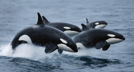 Orca Fin. A Group of Killer Whales Leaping from the Sea