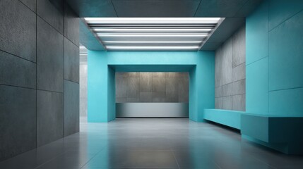 Fototapeta premium Geometric modular interior in cyan and graphite hard edge lighting from ceiling slats realistic reflections on metallic surfaces