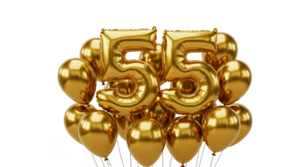 Golden Balloons Number 55 for Celebration on Transparent Background