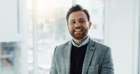 Workplace, portrait and confident businessman with smile for corporate agency and finance firm....