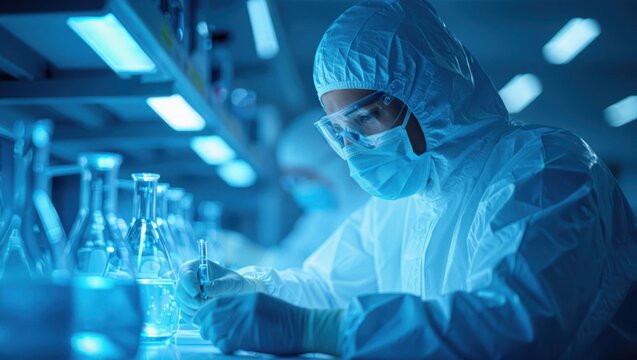 Scientist in protective gear meticulously examines a sample in a brightly lit laboratory with blue ambient lighting