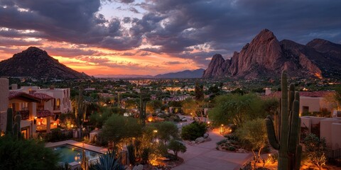 Paradise Valley Arizona. Sunset View of Resorts and Architecture with Cactus in Foreground