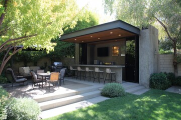 Patio Shade. Modern Rear Yard Patio with Furniture Set, Outdoor Barbecue, and Green Grass Yard