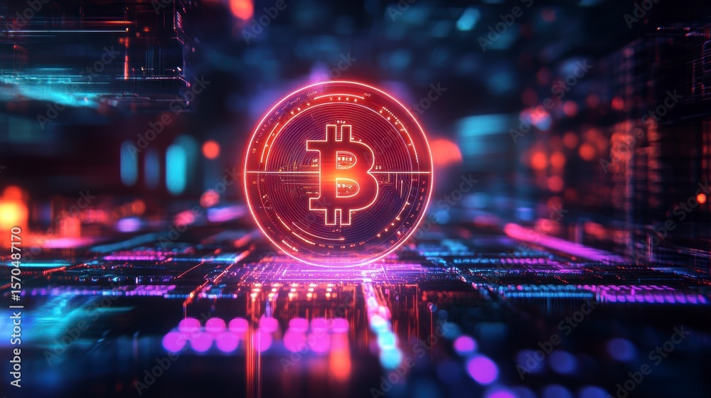 Poster glowing bitcoin symbol on a futuristic circuit board. (1)