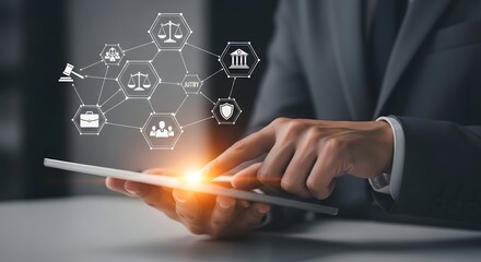Businessperson using a tablet with legal icons overlayed, representing digital legal services.