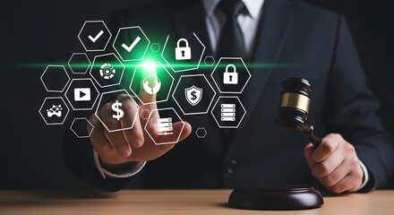 Naklejka premium Judge interacts with digital security interface, gavel nearby, symbolizing cyber justice.