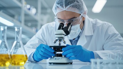 Scientist in protective gear meticulously examines a sample under a microscope in a modern laboratory setting