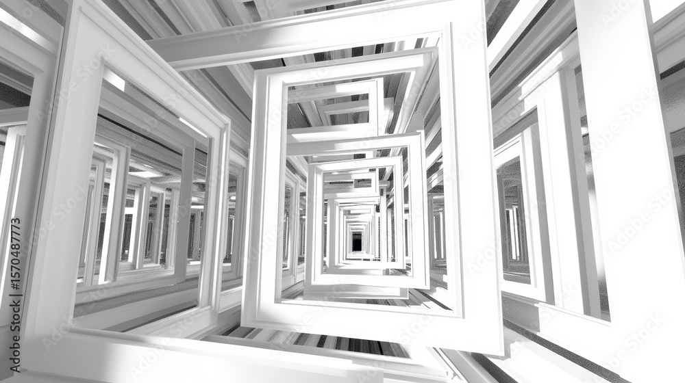 Fototapete Abstract 3D rendering of a white frame tunnel, creating a sense of depth and perspective.