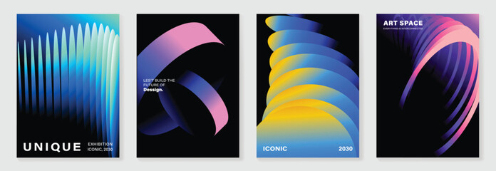 Fototapeta na wymiar Modern gradient poster on dark background vector set. Cover template with vibrant perspective geometric shapes different. Modern Design for wall art, flyers, brochures, covers and web banners.