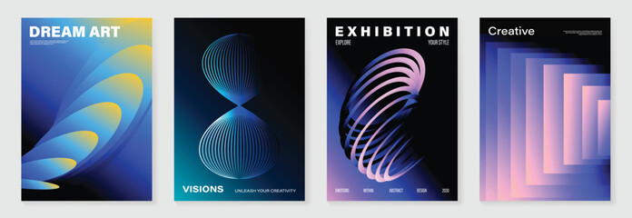 Modern gradient poster on dark background vector set. Cover template with vibrant perspective geometric shapes different. Modern Design for wall art, flyers, brochures, covers and web banners.