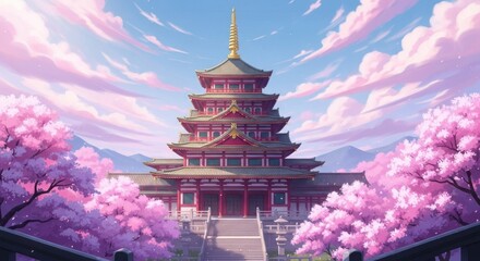 Majestic Ancient Japanese Temple Surrounded by Blooming Cherry Blossoms Under a Dreamy Sky