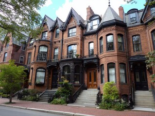 Restored Victorian Houses in Boston Urban Street - Renovated Row of Brick Semi-Detached Homes