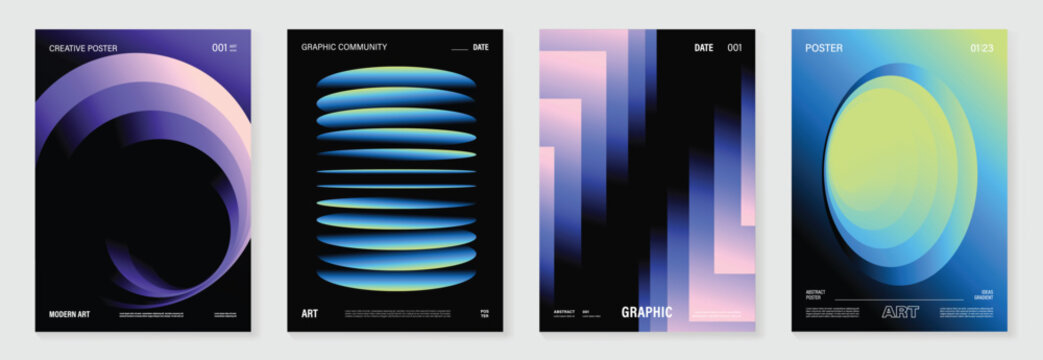 Modern gradient poster on dark background vector set. Cover template with vibrant perspective geometric shapes different. Modern Design for wall art, flyers, brochures, covers and web banners.