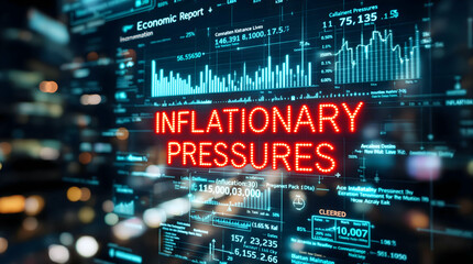Financial data graphic displays "Inflationary Pressures" over a blurred city, used for economic reporting