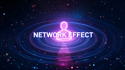 Neon figure glowing in the cosmos, symbolizing network effect, circles of light in a presentation