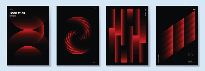 Modern gradient poster on dark background vector set. Cover template with vibrant perspective geometric shapes different. Modern Design for wall art, flyers, brochures, covers and web banners.