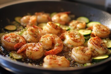 Fototapeta premium Shrimp Skillet. Frying Pan with Garlic Roasted Shrimps, Green Courgette, and Iron Skillet Meal