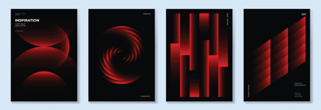 Modern gradient poster on dark background vector set. Cover template with vibrant perspective geometric shapes different. Modern Design for wall art, flyers, brochures, covers and web banners.