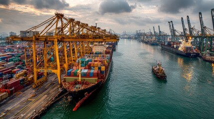 Obraz premium Singapore Port. Dynamic Harbor Scene with Ships Loading and Unloading in Asia