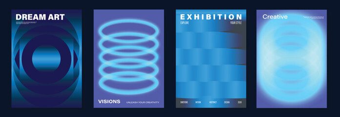 Modern gradient poster on dark background vector set. Cover template with vibrant perspective geometric shapes different. Modern Design for wall art, flyers, brochures, covers and web banners.