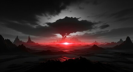 Eerie landscape with a glowing red sun breaking through dark stormy clouds creating a dramatic and mysterious atmosphere