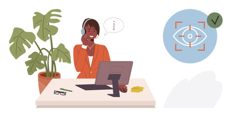 Support agent at desk wearing a headset, engaging with a client. Icon of eye with target highlights focus and attention. Ideal for customer service, helpdesk, business solutions, efficiency