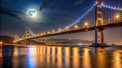 Naklejka premium Darkened Tsing Ma Bridge at Night Under Moonlight, with Flickering Streetlights , moonlight, engineering, moonlight