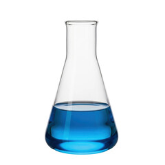 A clear glass erlenmeyer flask filled with vibrant blue liquid, commonly used in chemistry labs for experiments, mixing, and heating solutions.