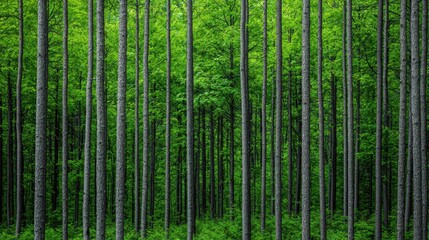 A dense forest with tall, straight trees and lush green foliage creating a serene, natural...
