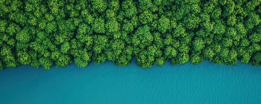 Top-down view of dense green mangrove forest bordering a vibrant blue body of water.