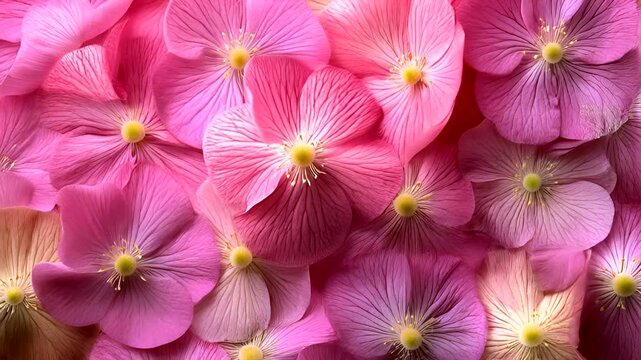 Beautiful pink hydrangea flowers background blooming in soft light, floral pattern