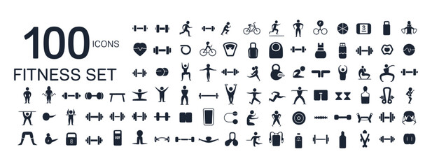 Vector set of 100 fitness and sport icons, isolated symbols on clean white background

