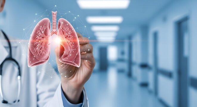 A doctor in a hospital setting, digitally highlighting a 3D model of the lungs.