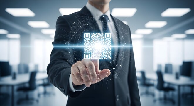 Businessman interacts with a glowing digital QR code in a modern office.