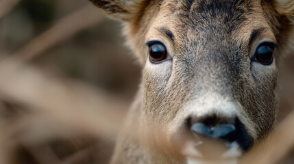 Fototapeta premium Close-up of a deer's face showing its eyes, nose, and fur with a blurred natural background.