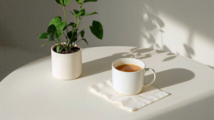 Fototapeta premium Serene minimalist home decor with sunlight and plants