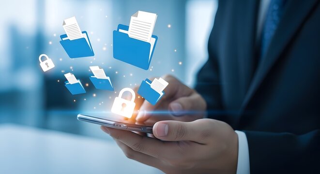 Businessman using a smartphone to interact with digital folders and security locks, representing secure data management.