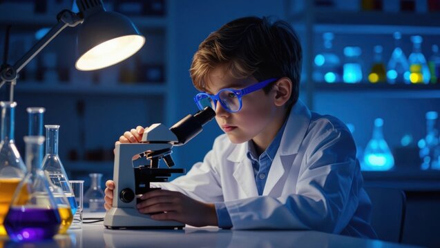 Curious young boy wearing blue glasses and a lab coat intently studies through a microscope in a dimly lit laboratory