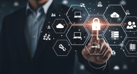 A businessman's finger touching a digital lock, representing cybersecurity and data protection.