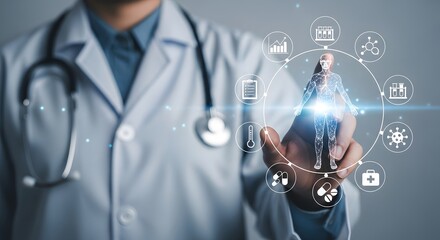 A doctor interacts with a digital human figure surrounded by medical icons, symbolizing healthcare technology.